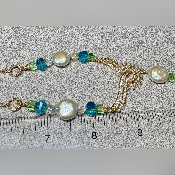 Elegant Gold and genuine Biwa pearl/Swarovski crystal blue and Green Necklace - Picture 15 of 15